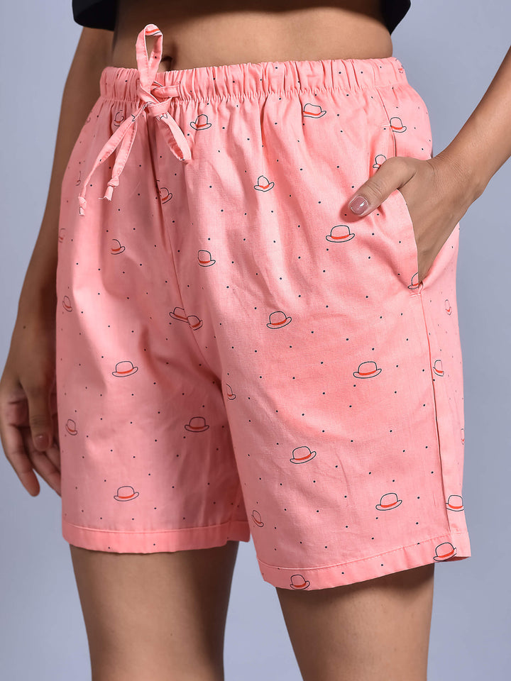 Pink Cap Printed Cotton Boxer Shorts for Women with side pockets