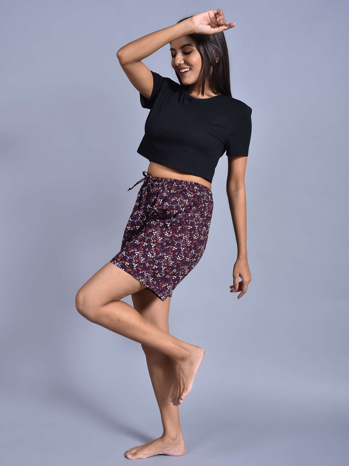 Wine Flower Printed Cotton Boxers for Women