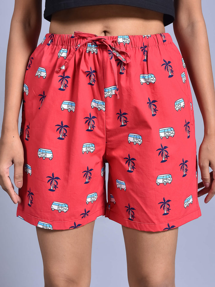 Red Bus Printed Cotton Boxer Shorts for Women with side pockets