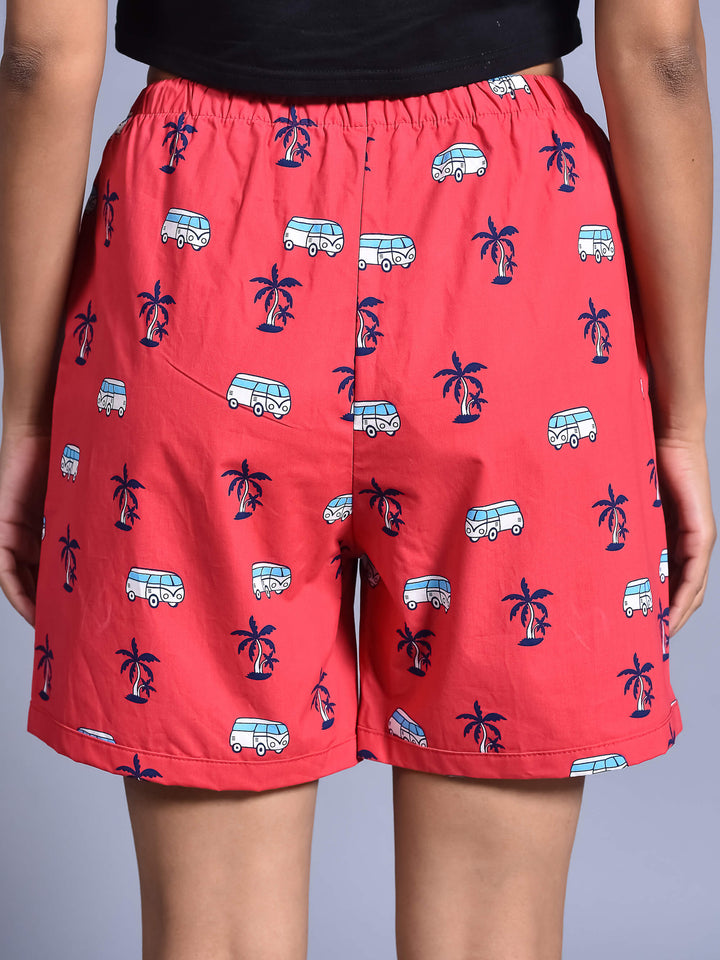 Red Bus Printed Cotton Boxer Shorts for Women with side pockets