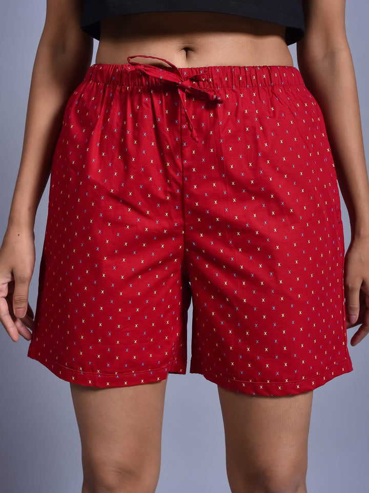 Red Cross Printed Cotton Boxer Shorts for Women with side pockets