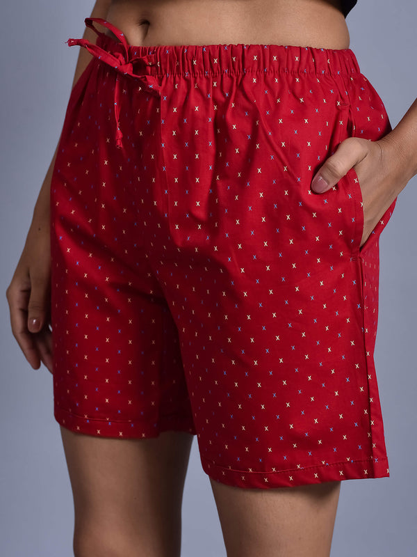 Red Cross Printed Cotton Boxer Shorts for Women with side pockets