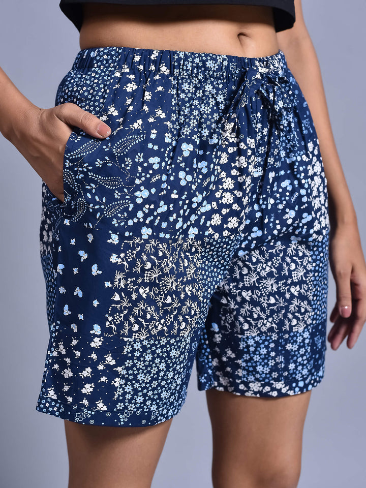 Navy Flower Printed Cotton Boxer Shorts for Women with side pockets
