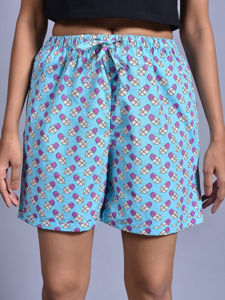 Sky Ice Cream Printed Cotton Boxer Shorts for Women with side pockets