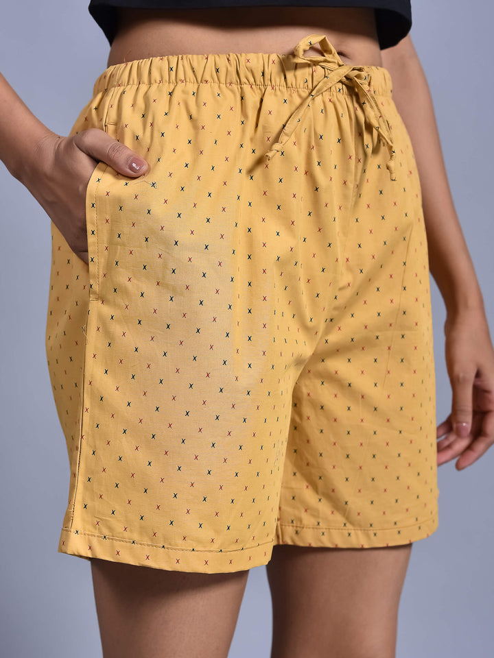 Mustard Cross Printed Cotton Boxer Shorts for Women with side pockets