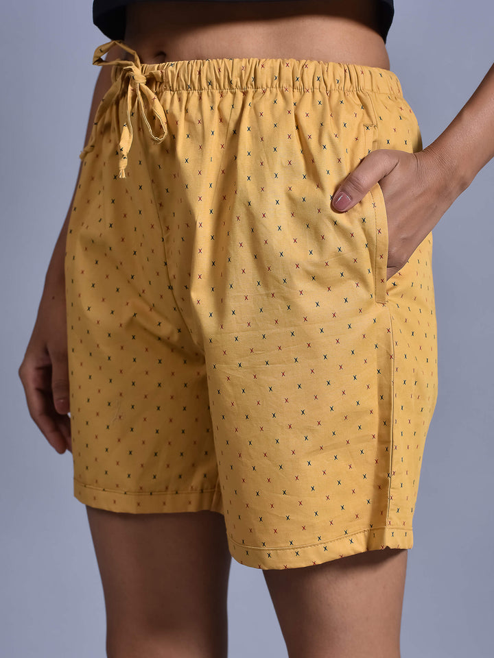Mustard Cross Printed Cotton Boxer Shorts for Women with side pockets