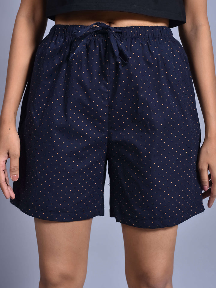 Navy Dot Printed Cotton Boxer Shorts for Women with side pockets