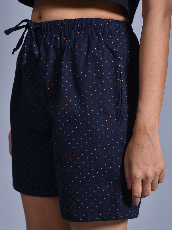Navy Dot Printed Cotton Boxer Shorts for Women with side pockets