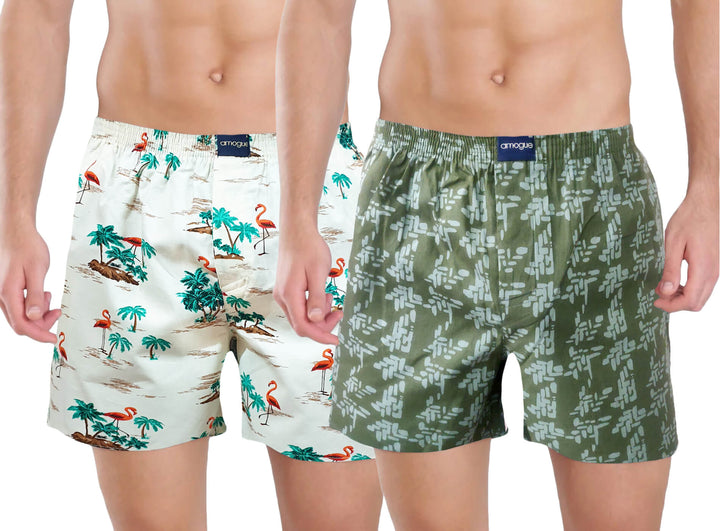 White Beach & Olive Printed Cotton Boxers For Men(Pack of 2) | Amogue