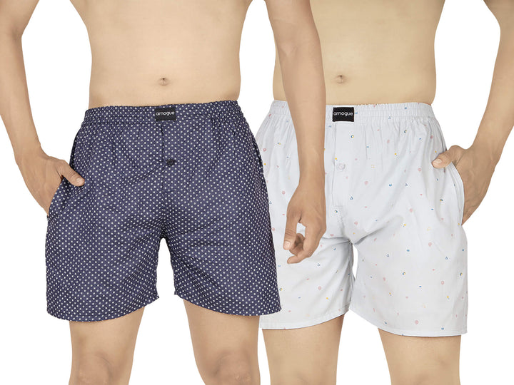 Dark Blue Dotted & Solid White Printed Cotton Boxers for Men