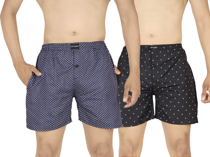Dark Blue & Black Dotted Printed Cotton Boxers For Men