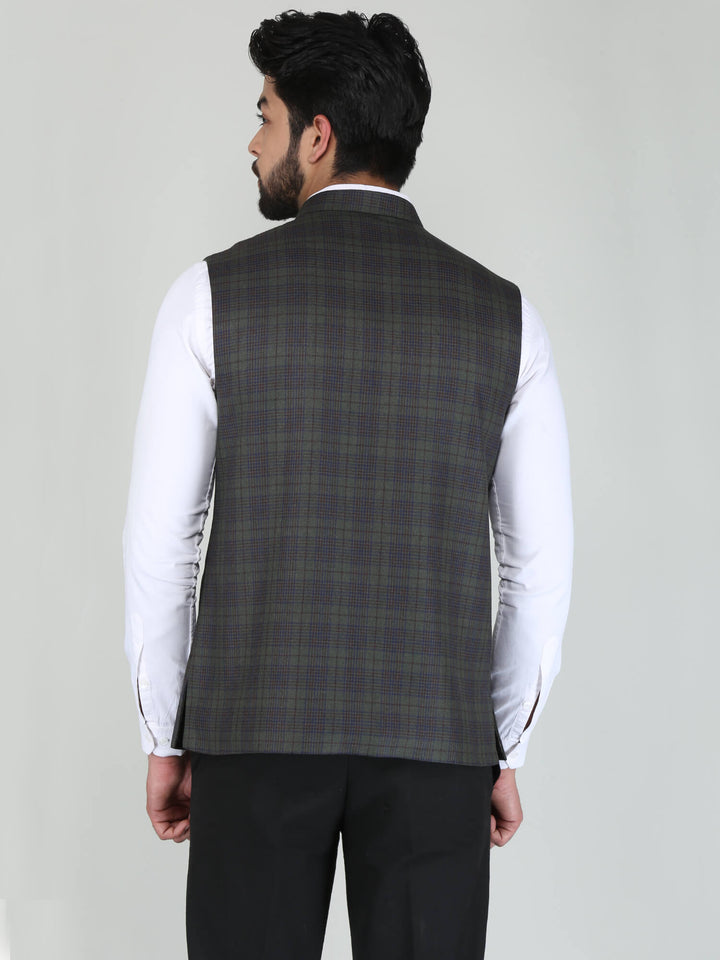 Dark Green Woolen Tweed Nehru Jacket - Back View