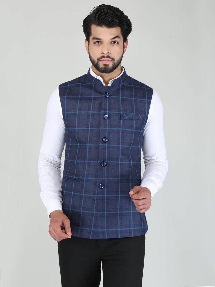 Exquisite Sky Blue Stripes Woolen Tweed Nehru Jacket