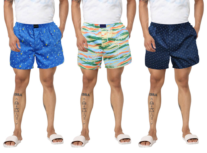 Blue, Cream, & Navy Printed Cotton Boxers For Men