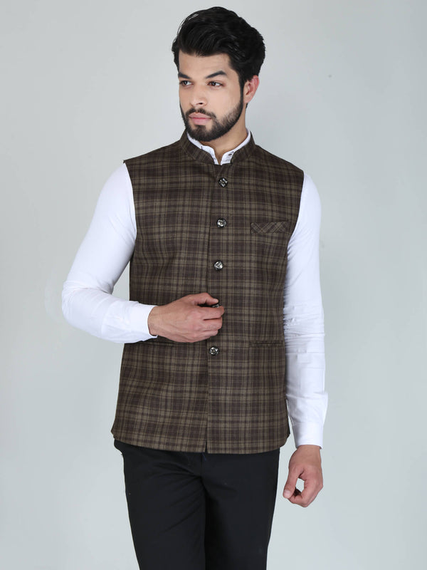 Brown Woolen Tweed Nehru Jacket