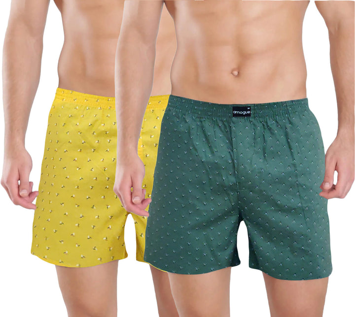 Yellow & Green Printed Lounge Boxers For Men