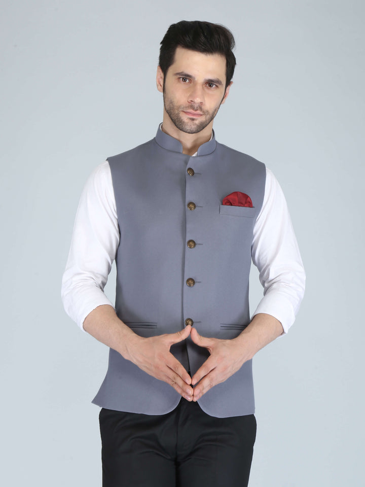 Solid Grey Casual Nehru Jacket For Men