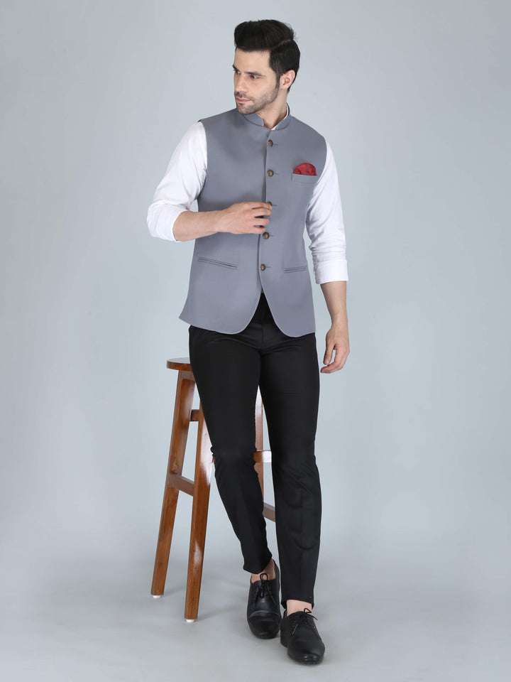 Solid Grey Casual Nehru Jacket For Men