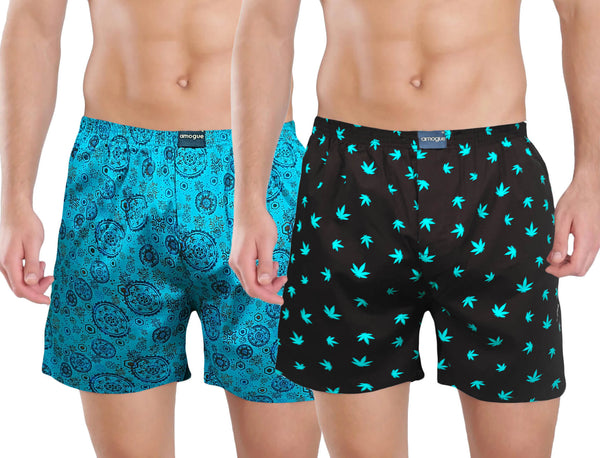 Blue Abstract & Black Weed Printed Mens Cotton Boxers | Amogue