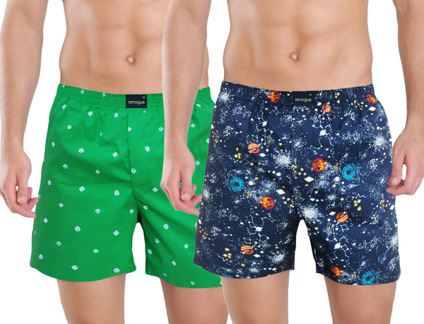 Green Dotted & Navy Galaxy Printed Men's Boxers | Amogue