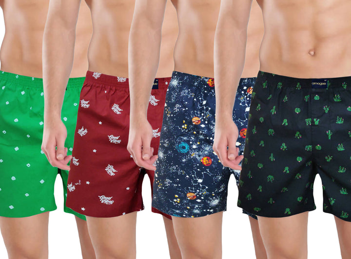 Green, Red, Navy & Black Printed Funky Cotton Boxers | Amogue