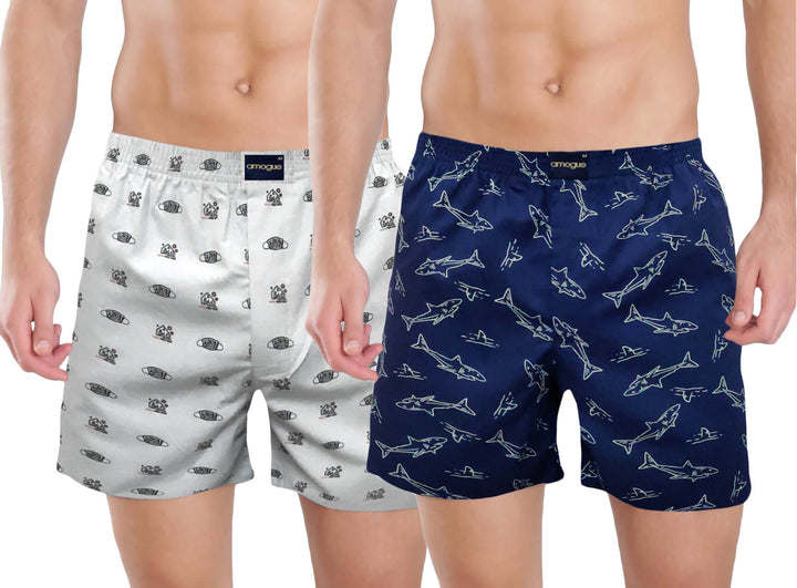 Grey & Navy Fish Printed Funky Cotton Boxers | Amogue