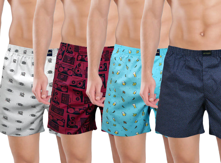 Grey, Maroon, Light Blue & Navy Blue Printed Cotton Boxers | Amogue