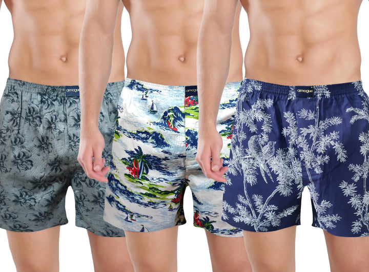 Grey, Cream, & Blue Printed Funky Cotton Boxers Combo For Men(Pack of 3) | Amogue