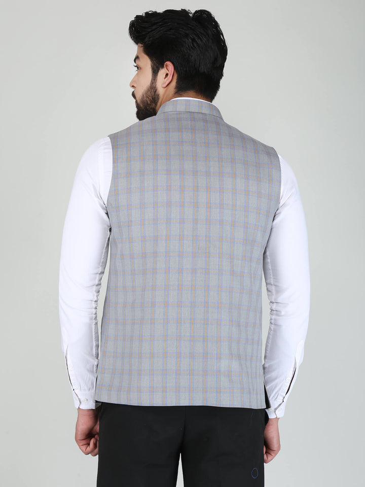 Grey Woolen Tweed Nehru Jacket - back View