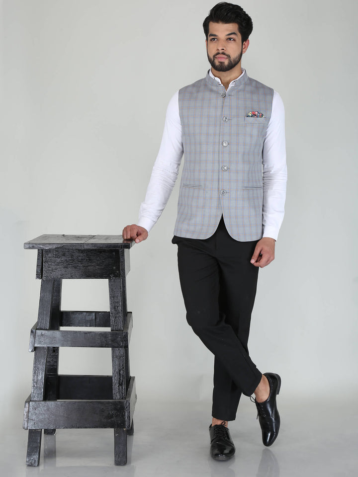Grey Woolen Tweed Nehru Jacket - Complete View