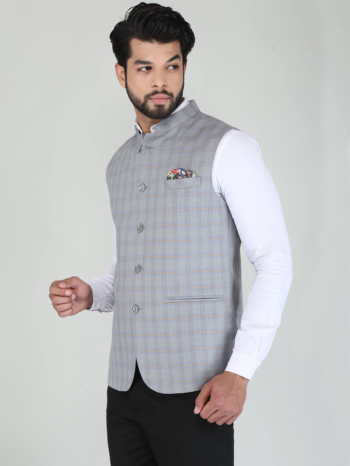 Grey Woolen Tweed Nehru Jacket - Side View