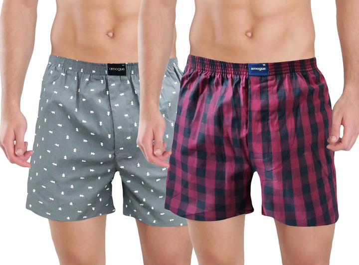 Grey & Maroon Printed Cotton Boxers For Men(Pack of 2)