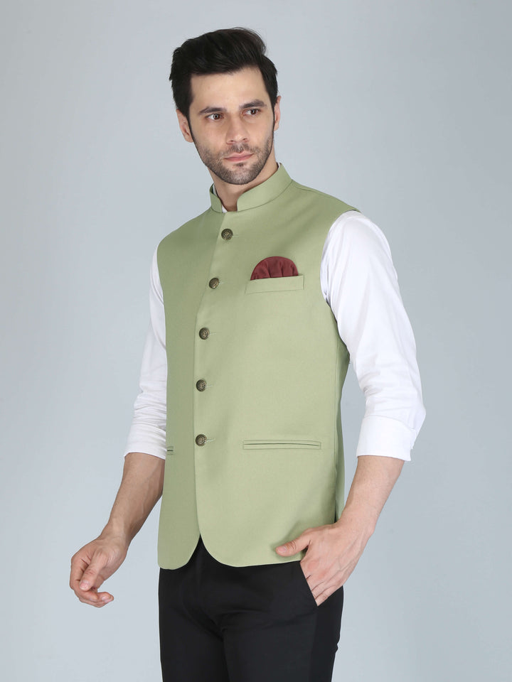 Solid Light Green Casual Nehru Jacket For Men
