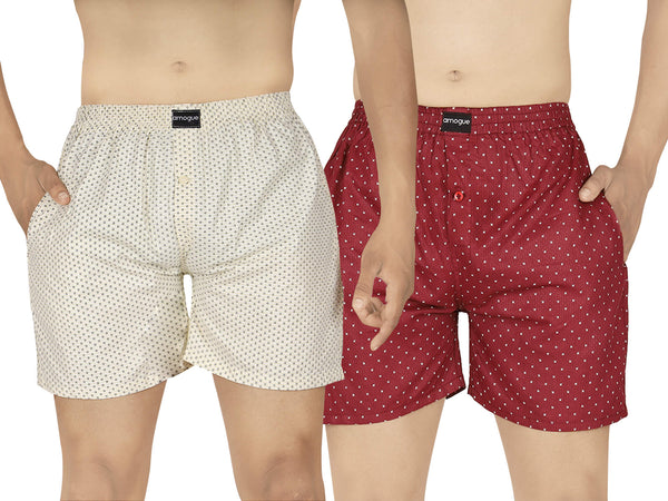 Beige Dotted & Red Dotted Printed Cotton Boxers For Men