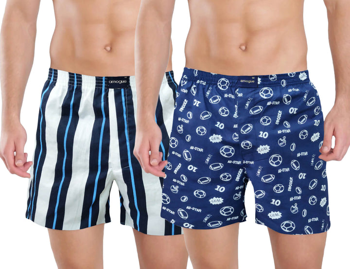 White Striped & Navy Blue Printed Men's Boxers(Pack of 2)
