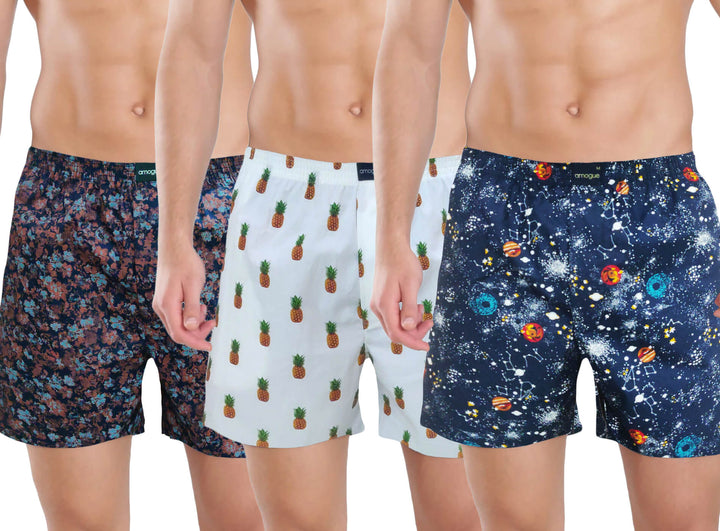 Maroon, White Pineapple & Navy Galaxy Printed Boxers For Men