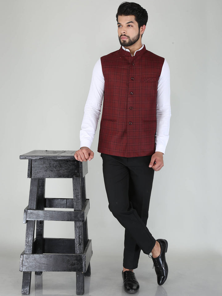 Maroon Woolen Tweed Nehru Jacket - Complete View