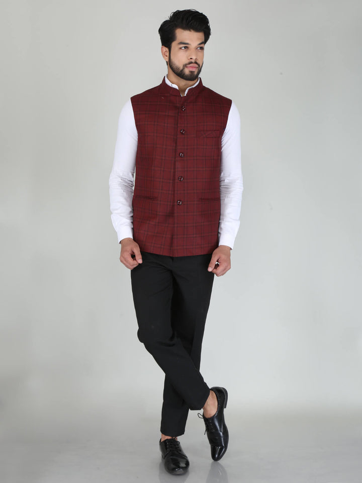 Beautiful Maroon Woolen Tweed Nehru Jacket