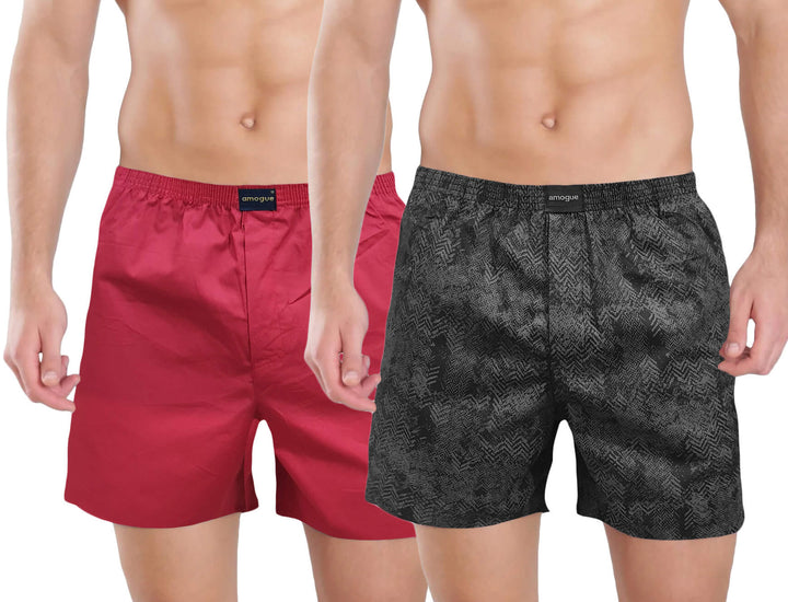 Red & Charcoal Black Printed Cotton Boxers For Men