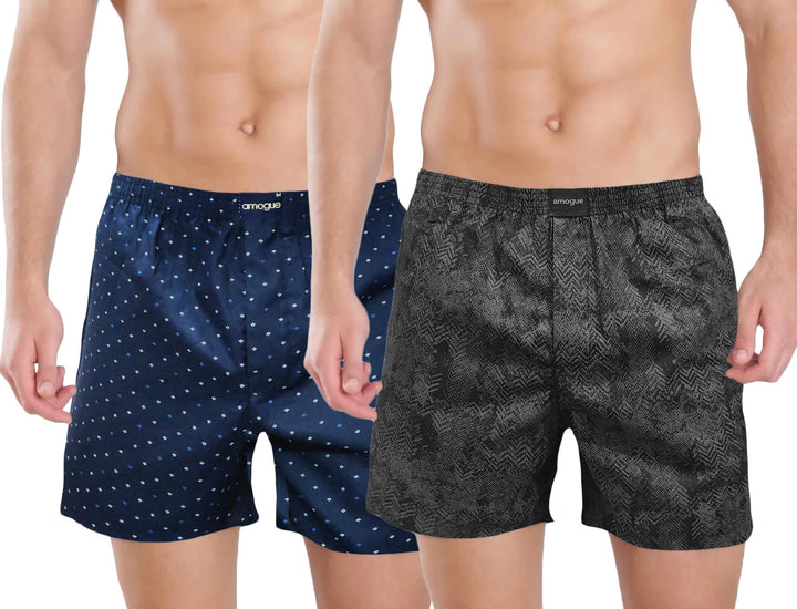 Navy Dot & Charcoal Black Printed Cotton Boxers For Men