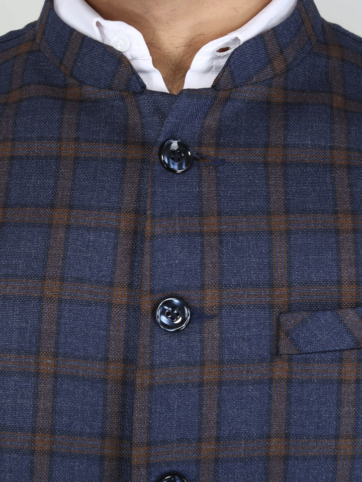 Blue Brown Striped Woolen Tweed Nehru jacket - Close Up View