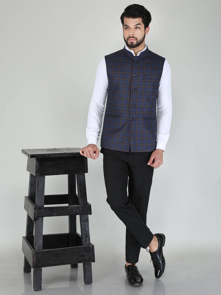 Blue Brown Striped Woolen Tweed Nehru jacket - Complete View