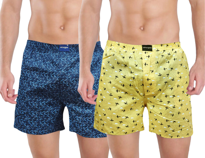 Navy Abstract & Yellow Printed Boxers For Men(Pack of 2)