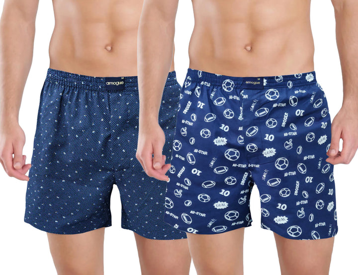 Blue Dotted & Navy Printed Cotton Men's Boxers(Pack of 2)