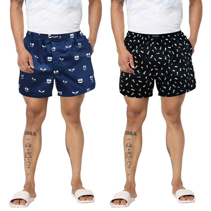 Navy Face & Black Chess Printed Cotton Boxers For Men(Combo of 2)
