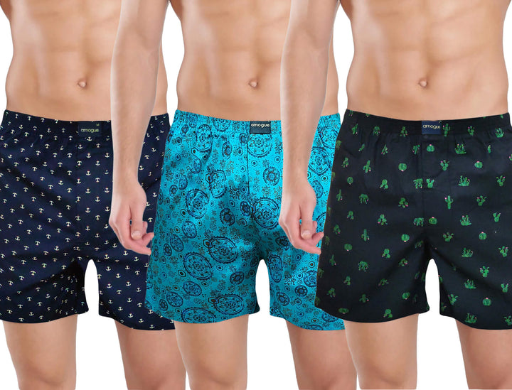Navy, Blue & Black printed Cotton Boxers Combo For Men | Amogue