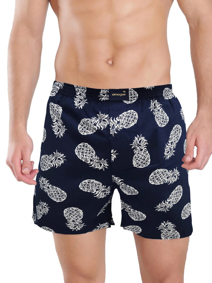Pineapple Printed Blue Cotton Boxer Shorts For Men