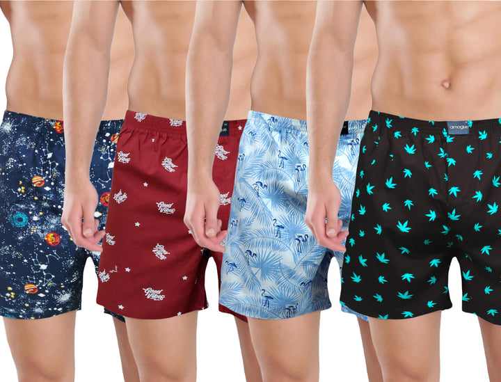 Navy, Red, Sky & Black Colour Printed Cotton Boxers | Amogue