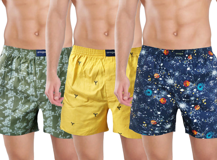 Olive, Yellow, & Navy Printed Mens Cotton Boxers(Pack of 3) | Amogue
