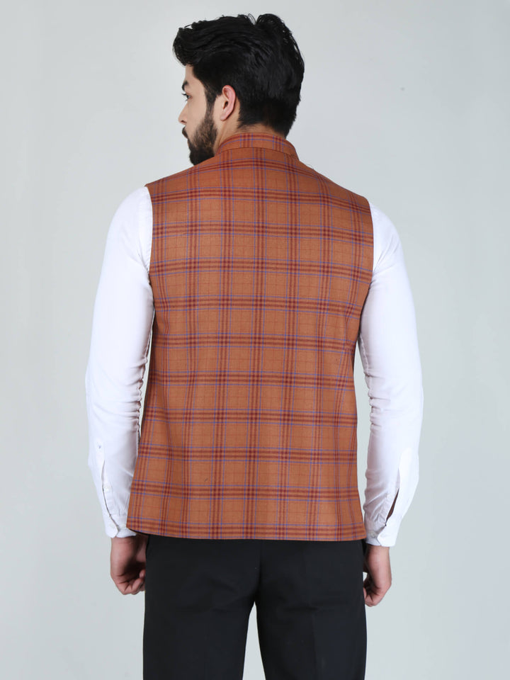Orange Woolen Tweed Nehru Jacket - Back View